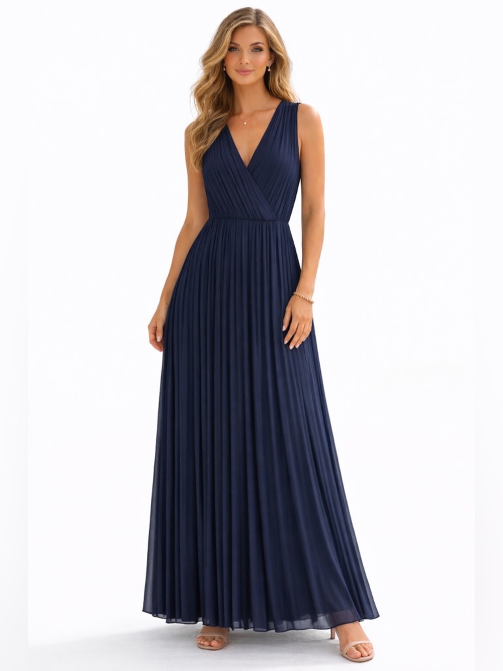 Elie Tahari Navy Pleated Maxi Dress Sleeveless Quiet Luxury Capsule Wardrobe S